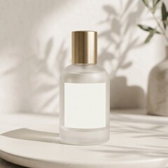 Naklejka premium Frosted glass perfume bottle with gold cap on marble background, soft light.