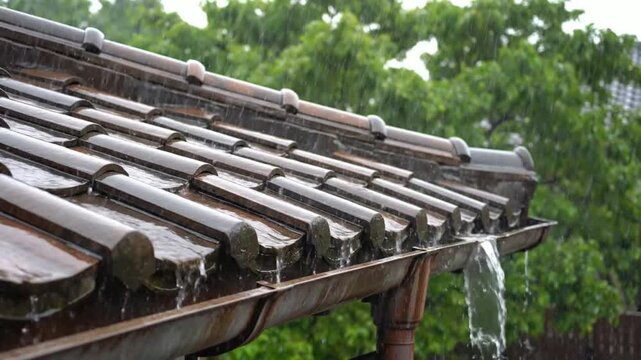 Heavy rain pouring down on tiled roof and guttering during summer storm downpour tiles