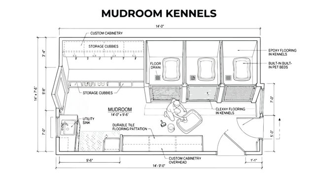 Detailed architectural plan of a mudroom kennels facility with built-in pet beds, epoxy flooring, and custom cabinetry