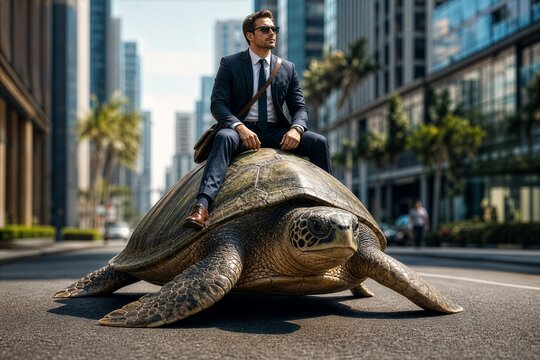 Businessman in suit riding a giant sea turtle on city street
