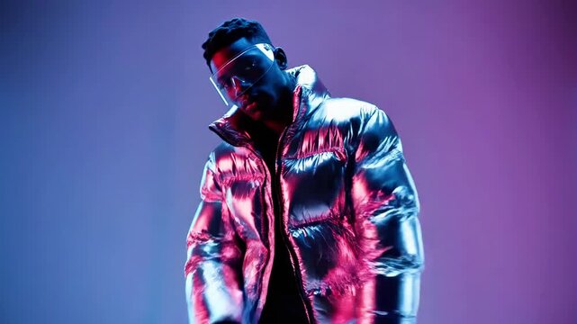A muscular man in a shiny silver jacket flexing his arms against a colorful background