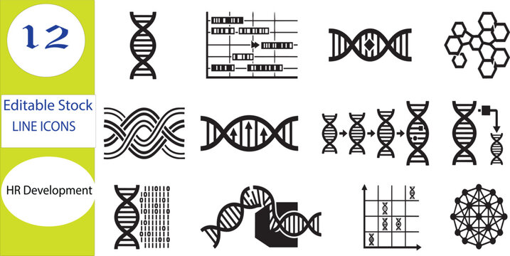 WebHuman Capital Genome System Icons Set, Talent Development DNA Vector Collection, Workforce Evolution and Organizational Intelligence Line Icons