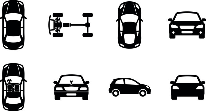 Automotive design and vehicle layout solid glyph icon set featuring cars from top view front view side view chassis blueprint and interior seating configurations