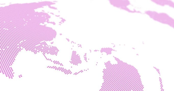 Soft purple world map design created with small dots moving horizontally across a white background, featuring a camera blur effect.