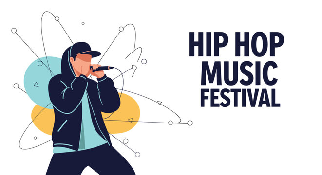 Hip hop music festival poster featuring a male singer performing with a microphone against a stylized background with circular lines.