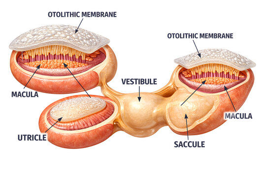 3D vestibular system anatomy illustration isolated on white background with labeled balance structures for medical education, healthcare training, and clinical reference.

