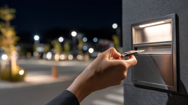 Hand inserting key in access panel night