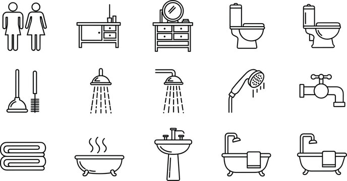Bathroom interior and restroom outline icon set featuring vanity cabinet toilet shower head water faucet plunger towels sink and bathtub vector elements