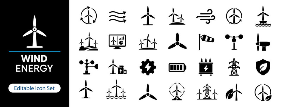 Wind Energy Solid Icon Set, Renewable Power and Sustainable Technology Icons for Wind Turbines, Clean Electricity and Green Infrastructure UI UX Design