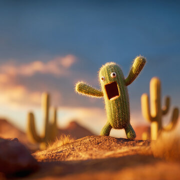 Happy cartoon cactus funny character standing excitedly in sunny golden hour sand desert