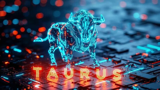 Digital taurus zodiac sign on circuit board. Cybernetic bull constellation symbol with glowing lines. Futuristic astrology and technology concept.
