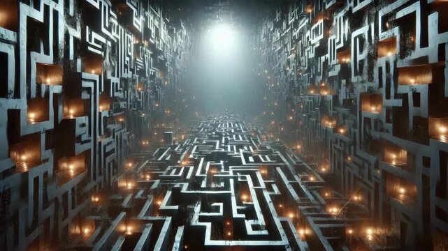 Journey through labyrinth of light. Conceptual escape route with a maze tunnel leading up to enlightenment. A complex path to success and solution for puzzle.