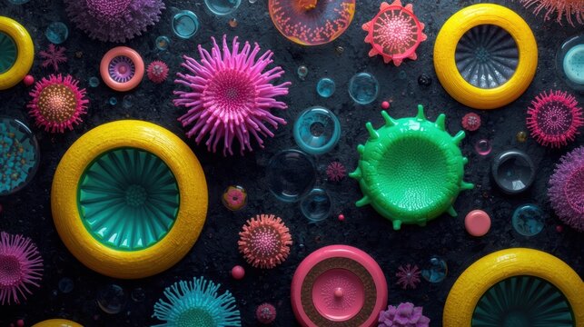 Colorful microscopic virus cells and bacteria floating in a dark space for medical and scientific research
