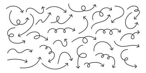 Hand drawn line arrows icons set collection. Arrow vector elements hand drawn arrows brush stroke curly arrow collection. ©  