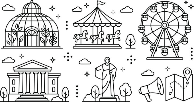 City park and amusement attractions line icon set with greenhouse carousel ferris wheel museum statue map megaphone tourism