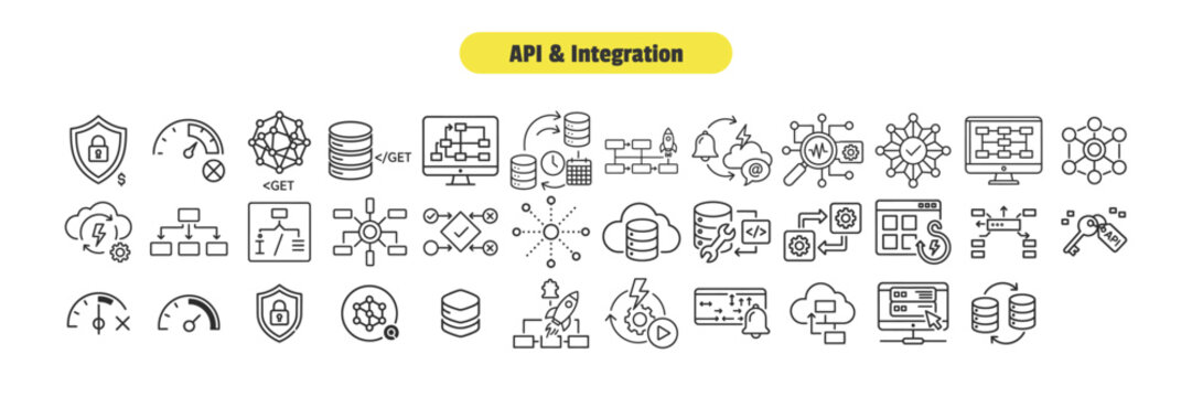 API and software integration icon set for web development and cloud computing technology