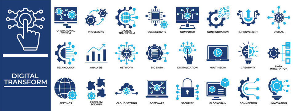 Digital Transform icon set collection. Containing trust, analyze, link, inspection, multimedia, improvement, report .Solid vector icons collection