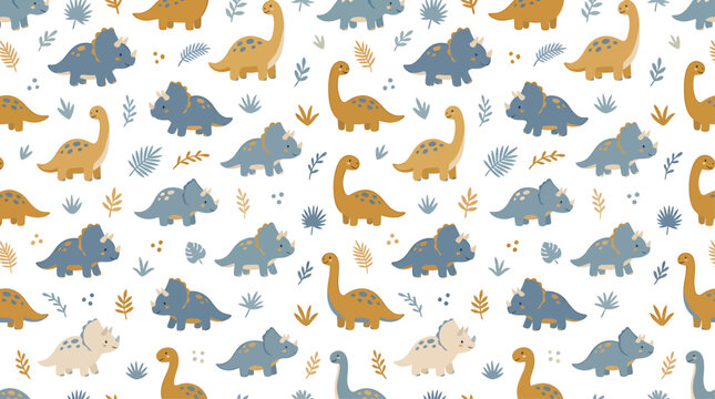 Seamless pattern with cute cartoon dinosaurs and tropical leaves for children textile design and nursery wallpaper vector