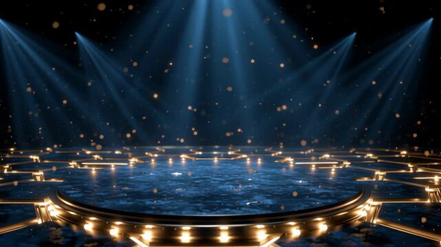 Futuristic dreamy blank stage with floating glitter particles, glowing spotlights, and a hexagonal neon floor in a dark atmosphere, ideal for product display, technology, and luxury presentations.