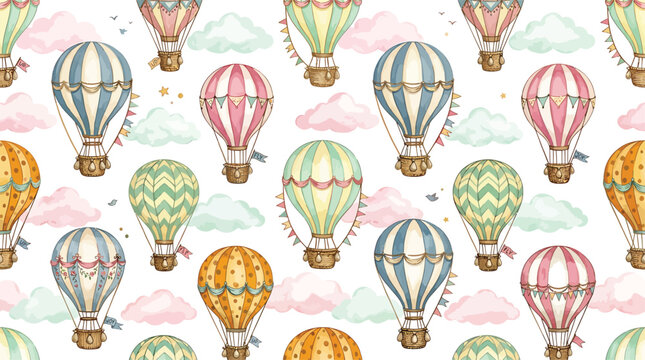 Seamless pattern with colorful hot air balloons and fluffy clouds for nursery decor and children textile design