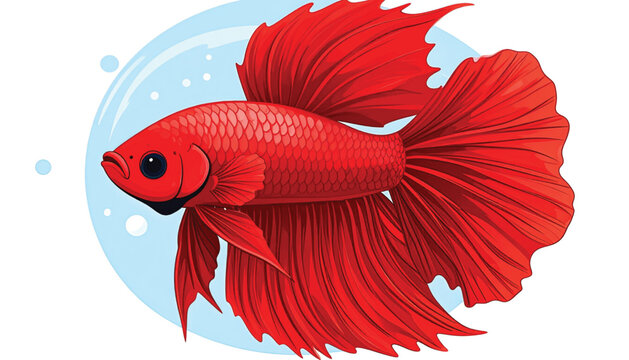Vibrant Red Betta Fish Swimming Alone.