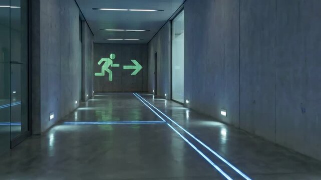 Tracking shot of illuminated corridor with glowing exit sign and led guide lines in modern concrete interior at night conveying wayfinding and evacuation route in sterile calm atmosphere
