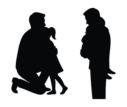 Black silhouette of a man proposing to a pregnant woman with a little girl Vector