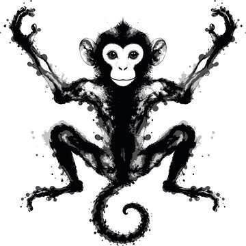 Stylized monkey illustration with outstretched arms and playful posture, rendered in a grunge splatter paint effect