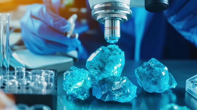 Scientist examining blue crystals with microscope in laboratory setting