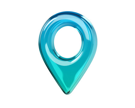 Glossy turquoise 3D map location pin icon. Transparent glass or plastic navigation marker isolated on background for GPS, map, travel and UI design. 3d render.
