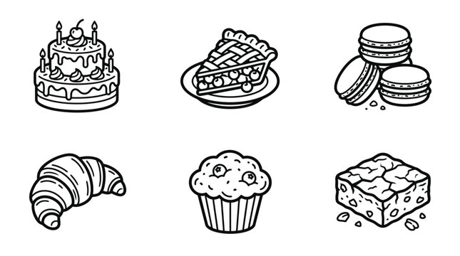 Bakery items including cake, pie, macaroons, croissants, muffins, and brownies are displayed in a clean black line art style.