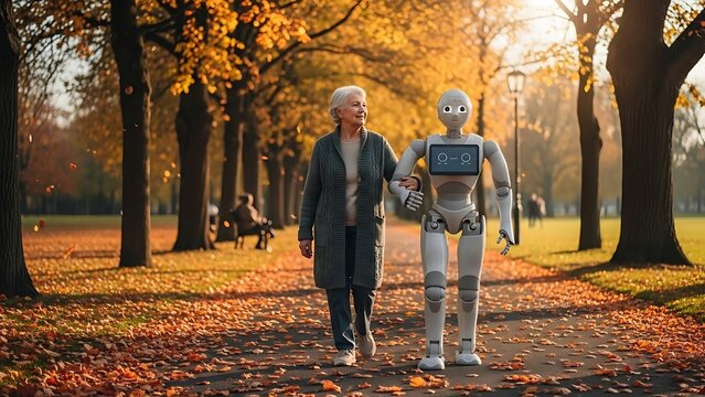 Elderly woman and robot walking in autumn park.