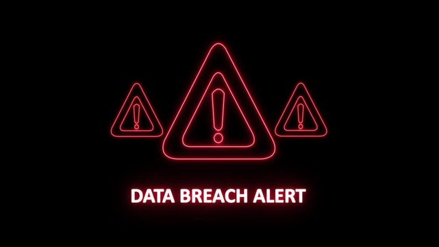 data breach alert warning alert. Cyber security defense and secure digital systems protection against cyberattacks. glowing red hazard icon.4k animation video on black background