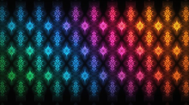 Colorful rainbow gradient pattern with geometric diamond shapes and glowing neon light effects on a dark black background