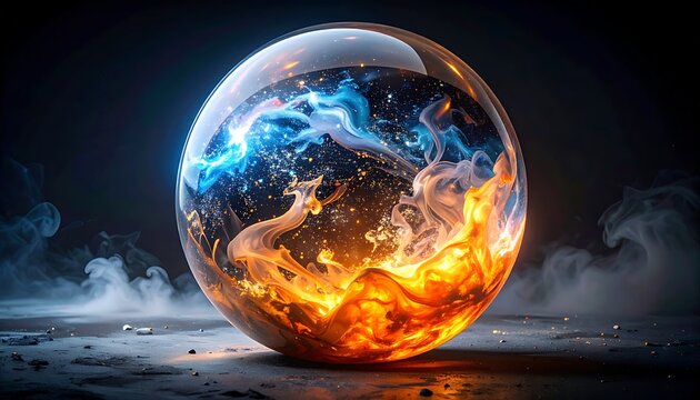 A glowing glass sphere with swirling blue and orange flames