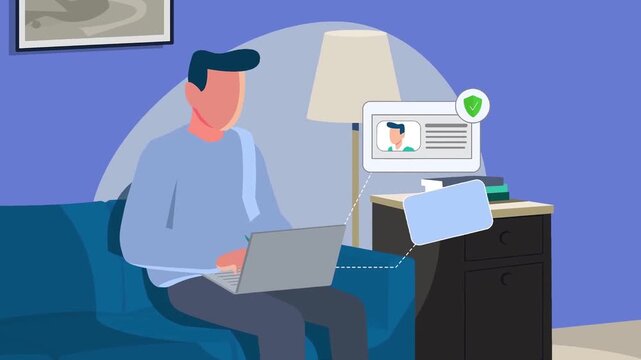 Man Working on Laptop on Living Room Sofa at Night Cozy Home Office Animation