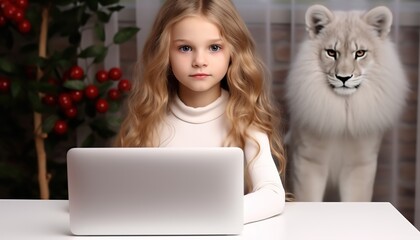 Fototapeta premium A young girl sitting at a desk with a laptop and a lion behind her