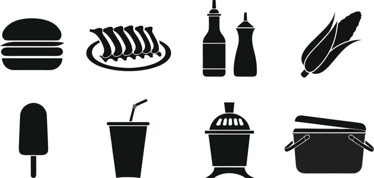 Barbecue icons with burger ribs corn soda ice cream cooler condiment bottles grill isolated on white background