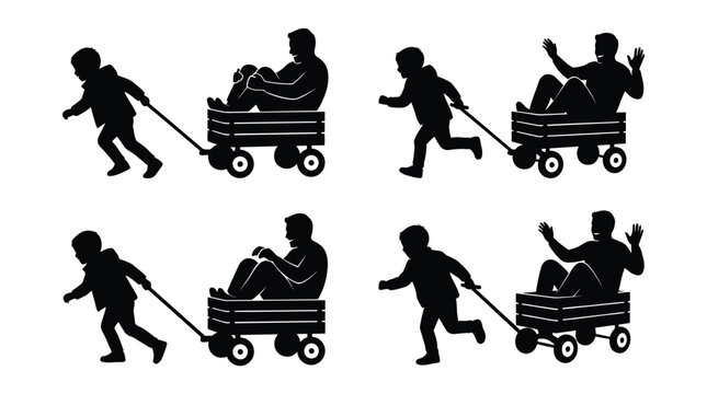 Black silhouette of children playing with a wagon Vector