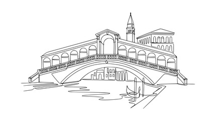 Venice Rialto Bridge sketch, gondola on canal, architectural landmark, line art drawing © Baba
