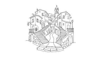 Naklejka premium Charming Italian Village Sketch with Winding Steps and Buildings