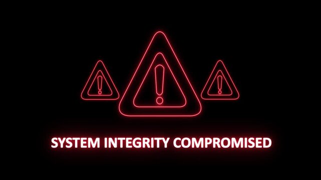 system integrity compromised warning alert. Cyber security defense and secure digital systems protection against cyberattacks. glowing red hazard icon.4k animation video on black background