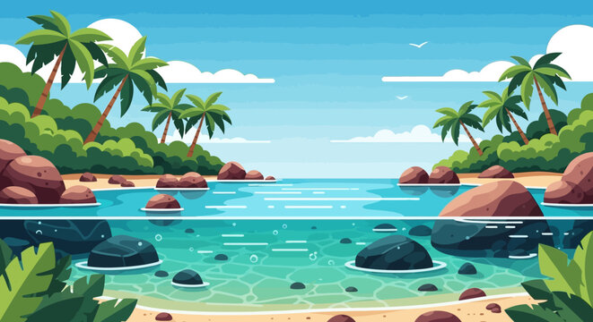 Tropical island beach with clear turquoise water and palm trees.