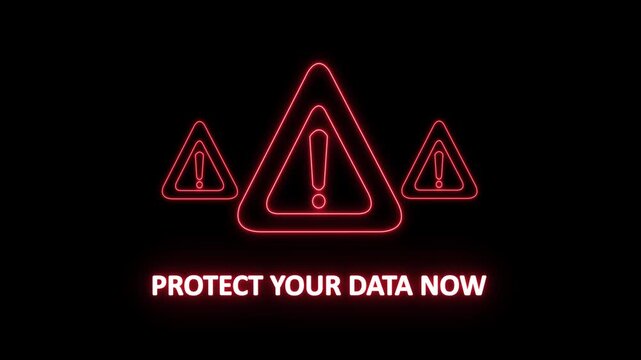 protect your data now warning alert. Cyber security defense and secure digital systems protection against cyberattacks. glowing red hazard icon.4k animation video on black background