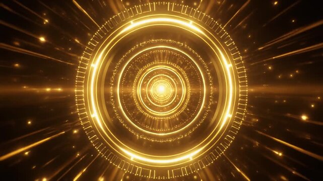 Radiant golden concentric rings with luminous center, symbolizing energy, time, and futuristic technological motion.