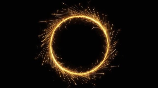 Radiant golden light ring on black background, symbolizing energy, motion, and abstract futuristic portal.