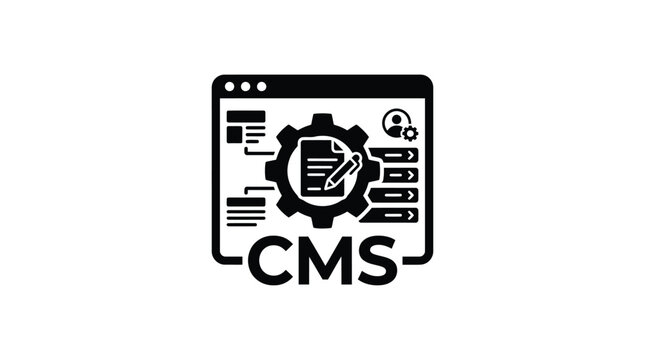 web browser window with cms tools silhouette gear document pen user settings