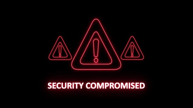 security compromised warning alert. Cyber security defense and secure digital systems protection against cyberattacks. glowing red hazard icon.4k animation video on black background