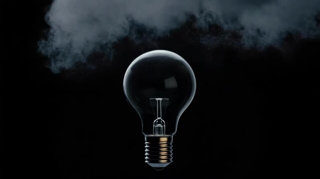 Exploding light bulb with dramatic fire and smoke against dark background