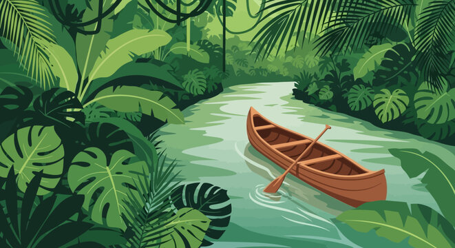 A wooden canoe floating peacefully on a calm river stream.